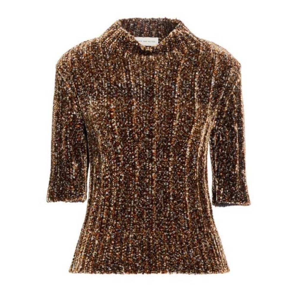 DRIES VAN NOTEN Ribbed-knit Chenille Sweater Small Gold Brown NEW Designer